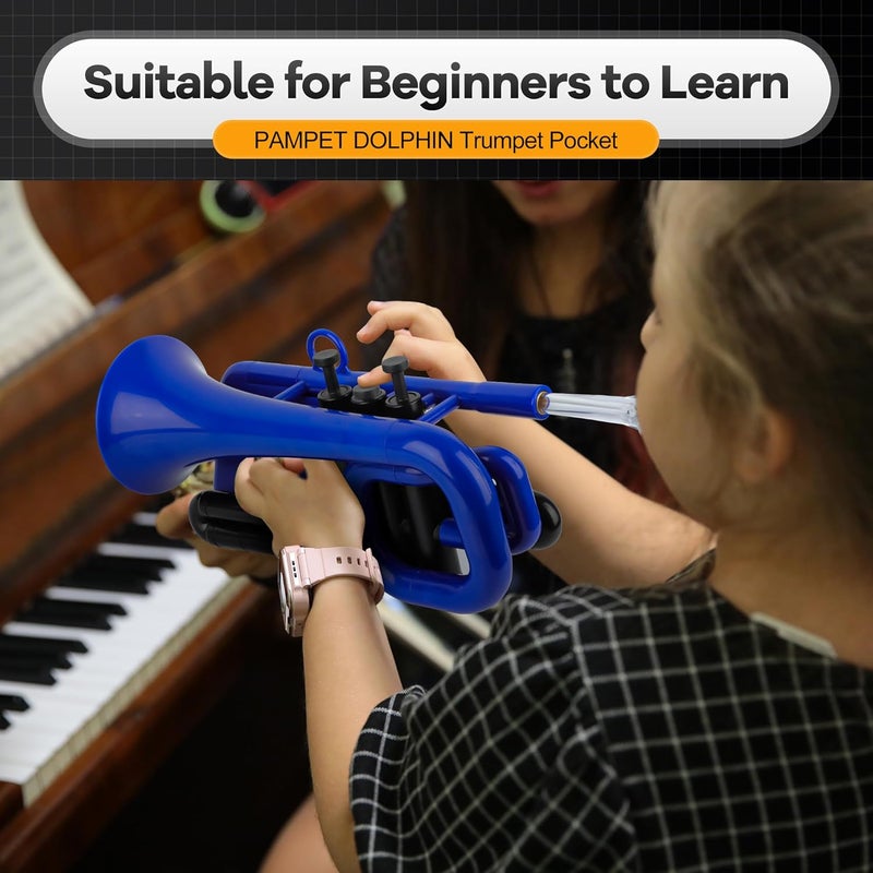 PAMPET DOLPHIN Pocket Trumpet Plastic Bb Trumpet Standard Trumpets for Student Beginner Bb Trumpets Instrument (Blue) - Image 2